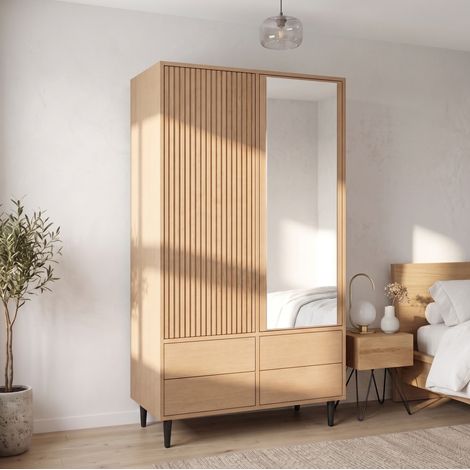 Armadio guardaroba 90x45x200 cm, anta a specchio, 4 cassetti e ripiani, MDF acciaio specchio, rovere (1/5)