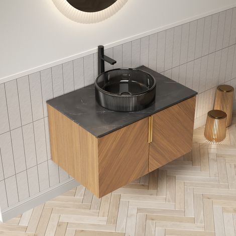 Wand-Badmöbel 76 cm mit schwarzem Glaswaschbecken und Steinplatte (1/5)