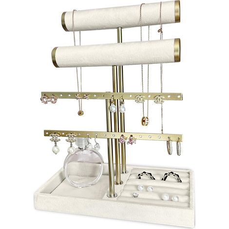 Espositore per gioielli a 3 livelli rimovibile in velluto con 2 porta orecchini, elegante organizer per bracciali, collane, orecchini e anelli (beige) (1/5)