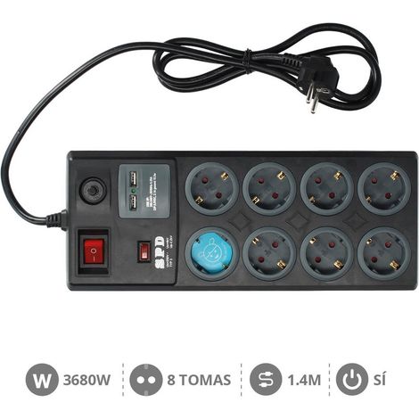 Base multiple 8 enchufes + 2 USB + interruptor general 1,4 metros GSC 000803393 (1/4)