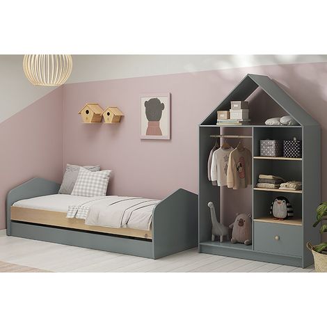 KAINA - Pack Lit 90x200cm avec Tiroir + Dressing Cabane Coloris Gris et Naturel (1/5)
