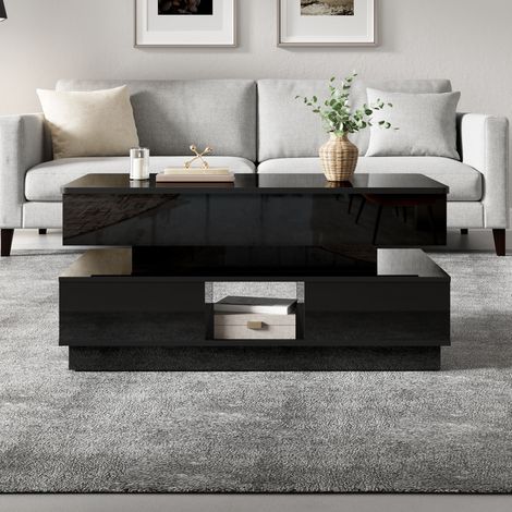 Mesa de centro de MDF negro 90 cm, tablero elevable, enchufe integrado, LED y almacenaje (1/5)