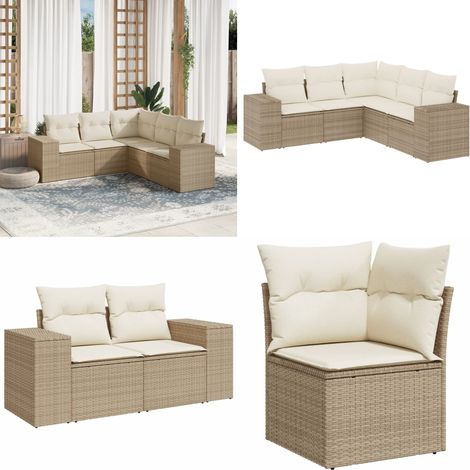 5-tlg. Garten-Sofagarnitur mit Kissen Beige Poly Rattan - Gartensorte - Outdoor Möbel - Gartenlounge - Rattanmöbel - Lounge Set - Home & Living (1/5)
