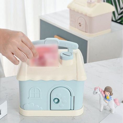 Coffre-fort ludique maison mignonne cartoon pour enfants, tirelire portable bleue (boîte incluse, 1 pièce) avec un sticker aléatoire et 4 autocollants 3D. (1/5)