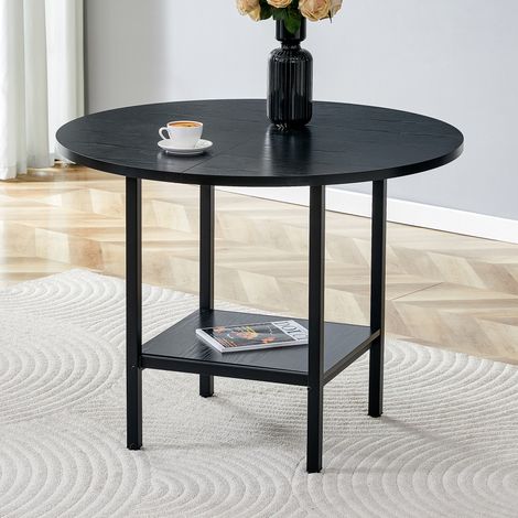 Table ronde moderne rangement grain bois noir cadre métallique pour 4 à 6 personnes cuisine salle à manger.