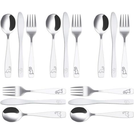 15Pcs Couverts Enfant INOX 5 x Fourchette 5 x Cuillère 5 x Couteau Dentelé Sûr Couverts Enfant INOX Jungle Dinosaure Gravé C (1/4)