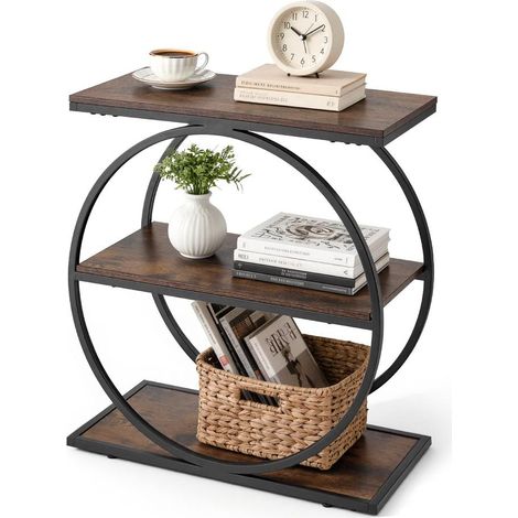 Table d'Appoint Étroite Bout de Canapé 3 Niveaux Rangement Bois et Métal Marron Rustique 60x30x65 cm ZH642 (1/3)