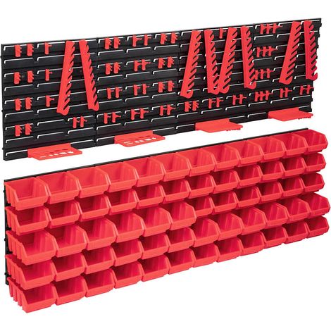 Mur à outils de 136 pièces avec bacs de rangement, rouge et noir
