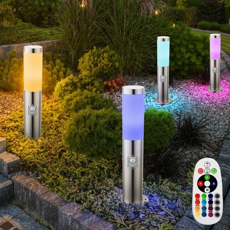 Sockelleuchte E27 Stehlampe Garten Außenleuchte Bewegungsmelder, Fernbedienung dimmbar Memory IP44, Edelstahl silber opal, 1x RGB LED 8,5W 806Lm 3000K, DxH 7,6x45cm, 4er Set