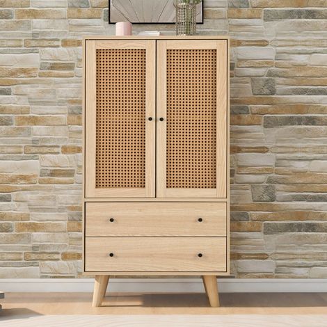 Buffet 60x40x120cm - Meuble de Rangement Chêne et Rotin PE - 2 Portes & 2 Tiroirs - Style Bohème Chic - Naturel (1/5)