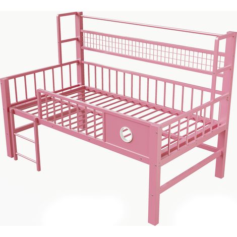 Lit pour enfant 90200cm, lit mezzanine bas avec cadre métallique et compartiments de rangement, adapté aux enfants et aux adolescents, rose