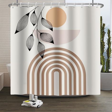 Rideau de Douche bohème Couleur Neutre Lignes Florales en Arc Soleil Rideaux de Salle de Bain imperméables Esthétique Minimaliste Géométrique Élégant Décoration d'intérieur 150x200cm (1/5)