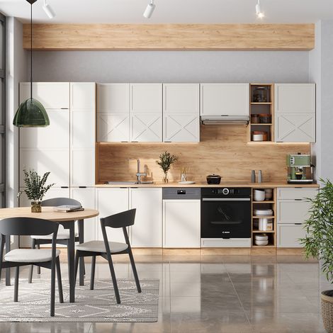 Mueble de cocina Fame-Line, Gris/beige/roble dorado, 355 cm sin encimera, Vicco