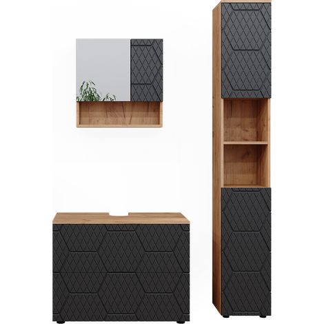 Meubles bain Irma, Anthracite avec structure en nid d'abeille, 3 pièces, avec armoire à tiroirs et armoire haute, Vicco