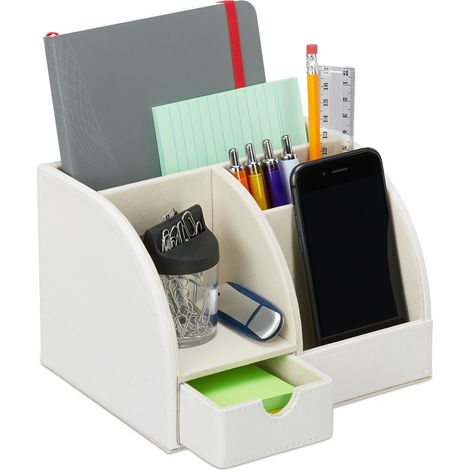 Relaxdays Portaoggetti da Scrivania, Similpelle, Organizer Ufficio & Studio, 4 Scomparti, Portapenne,13x19x15 cm, bianco (1/5)