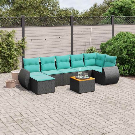 Salon de jardin modulable 8 pièces en résine tressée noire avec table et coussins bleus - PANGIVO (1/5)