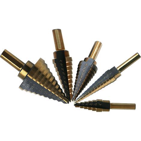 Set of 5 Step Drill Bits, Milling Cutters with Titanium Coating for Steel, Wood, Plastic, Brass, Aluminum, PVC, Double-Slotted Conical Cutting Drill Bits (1/3)