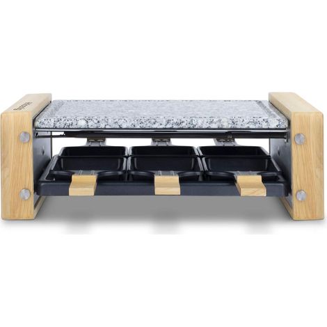 Appareil à raclette Multifonction 6 personnes WOD6, Professionnel, Raclette fromage, Fondue, Pierre Granit et bois naturel, Plaque Amovible, 6 poêlons & 6 spatules en bois, 900W (1/5)