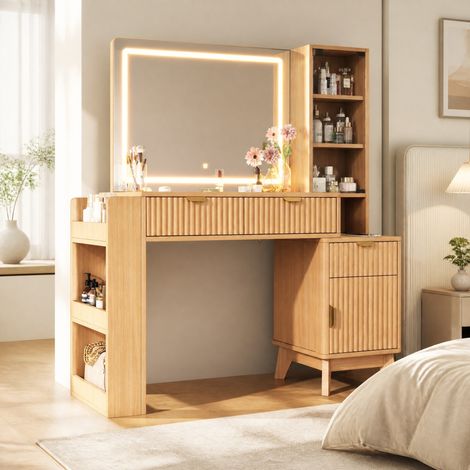 Tocador con espejo LED (133x40x136 cm), 3 modos de luz, 3 cajones, estación de carga, MDF y tablero de partículas, natural (1/5)