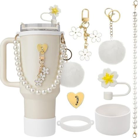 Ensemble d'accessoires pour arrosoir, chaîne de perles, cordelette de transport, chapeau de paille à motif bégonia, manchon en silicone pour tasse et pendentif pompon 17 (1/5)