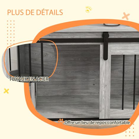 Cage caisse pour chien animaux intérieur porte coulissante, métal effet bois, dim. 57H x 80L x 54l cm (1/4)