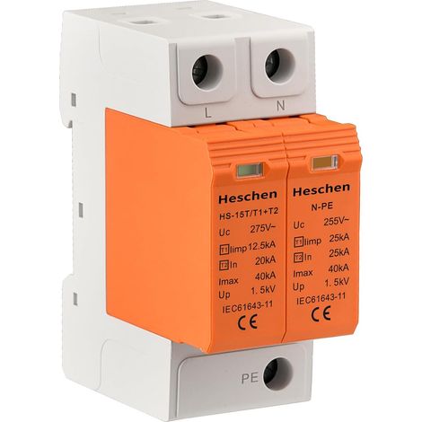 Dispositif de protection contre les surtensions SPD, HS-15T, 1+N-PE 275 VAC, type T1+T2, ignifuge, parafoudre basse tension, montage sur rail DIN 35 mm (1/5)