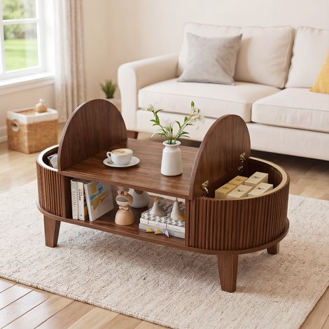 Couchtisch Nussbaumfarben, Geschwungener Wohnzimmertisch mit mit 2 versteckten Aufbewahrungsfächern, Moderner Beistelltisch Holz, Kaffeetisch, 100 x 50 x 50 cm (1/5)