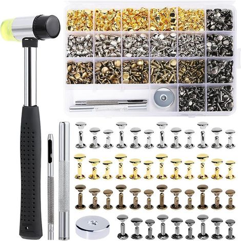 Rivets en cuir, 600 rivets multicolores à double tête, kit de rivets en cuir avec emporte-pièce creux, outil de poinçonnage et marteau en caoutchouc (1/5)