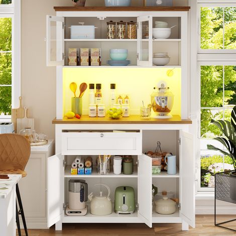 Aparador de cocina con luz LED, vitrina para salón, unidad de almacenaje, estantes ajustables, MDF, 5 puertas, 1 cajón, 101×40×180 cm, blanco