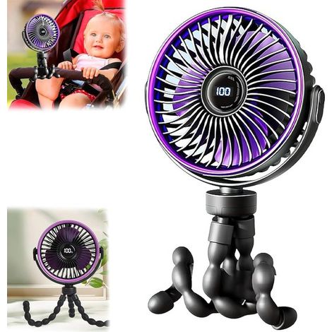 Ventilatore di lusso per passeggino - 2000 mAh - 5 velocità - Con display a LED - Mini ventilatore a forma di polpo - Rotazione a 720° - Ultra silenzioso - USB-C - Nero