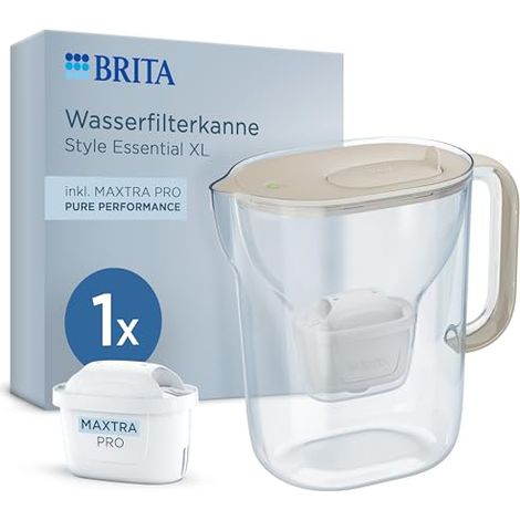 BRITA Jarra de filtro de agua Style Essential XL, arena (3,6 L, incluye 1 jarra de filtro Maxtra Pro Pure Performance, gran jarra con Smart Light LED y tapa abatible, filtra impurezas y más)
