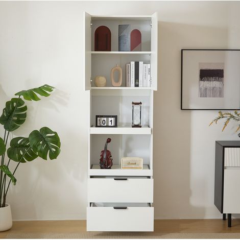 Credenza cucina 59.5x45x200 cm bianca in MDF con cassetti, ripiani aperti e dispositivo antiribaltamento (1/5)