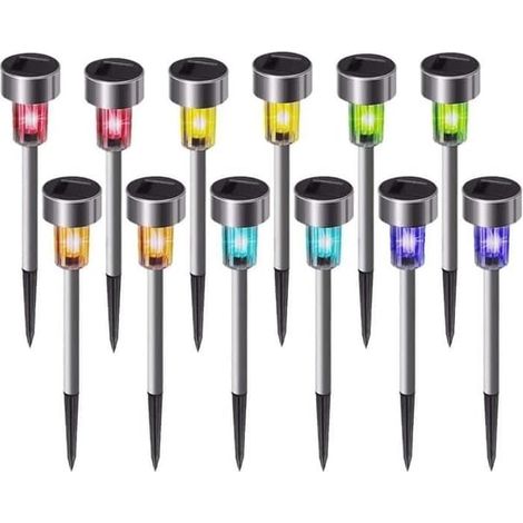 SABIR-Lot de 12 lampes de jardin LED extérieures (multicolores), solaires, étanches IP65, pour allées, pelouses et terrasses. (1/4)