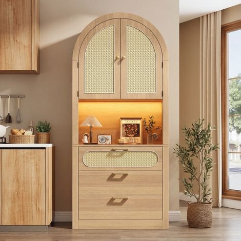 Armoire vitrine de rangement design arche avec portes en rotin et LED chêne clair 80x35x180 cm - PANGIVO (1/5)