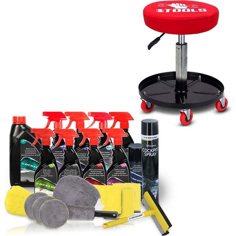 Chariot de garagiste BMTOOLS pivotant à Hauteur réglable, à roulettes et Kit Nettoyage Auto Complet 21 Pièces Neutre DUNLOP (1/5)