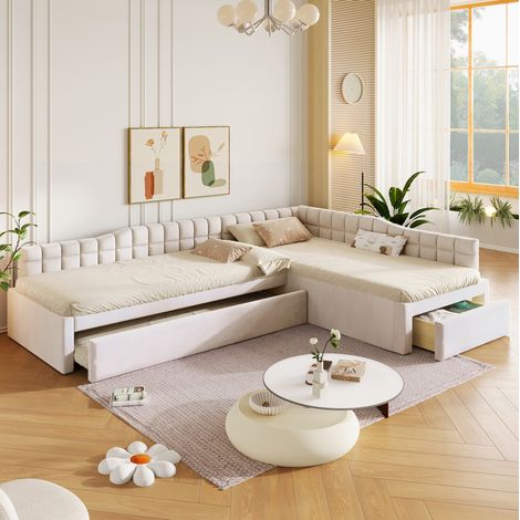 Cama esquinera tapizada 90x200 cm beige con cama nido y cajones (1/5)