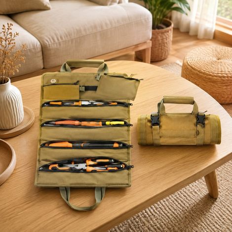 Sacoche a Outils Enroulee Oxford Kaki 50 x 33 x 12 cm Multi-Poches pour Electricien
