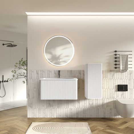Set mobili bagno moderno con lavabo e specchio LED, pensile e colonna, vetro MDF multistrato e solid surface bianco (1/5)