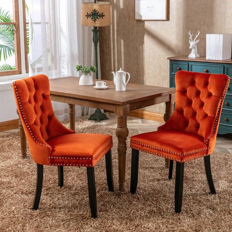 Chaise de salle à manger velours capitonné, lot de 2, pieds en bois massif, clous décoratifs, design moderne haut de gamme, orange (1/5)