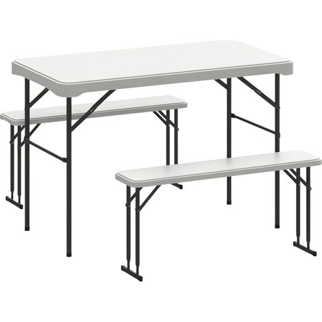 Ensemble table pliante et bancs de pique-nique 113 cm avec poignées de transport, table et banc pliable gris clair blanc