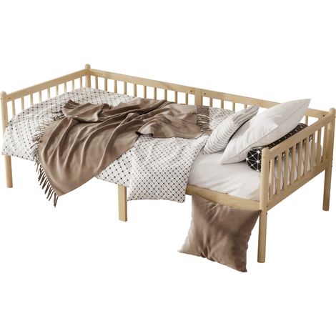 CHICFURN Lit banquette 90x200 cm en bois naturel, avec barrières de sécurité sur 3 côtés, 14 lattes, espace de rangement sous le lit, style compact pour chambre (1/5)