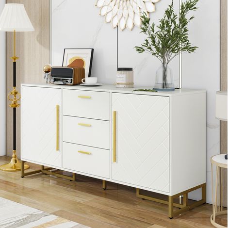 Aparador con 2 puertas y 3 cajones, para comedor, cocina y salón, en MDF, manijas y patas doradas, blanco (1/5)