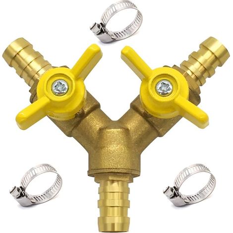 Vanne d'arrêt 3 voies en laiton avec raccord de tuyau 3/8" et joint à rotule, 2 colliers de serrage en acier inoxydable pour eau, carburant et air. - AquaForge (1/4)