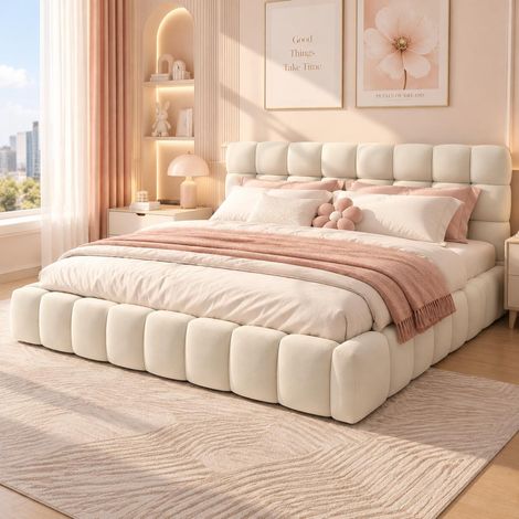 Doppelbett 140x190 cm Polsterbett Flachbett mit gepolstertem Rahmen, Kopfteil mit weicher Rückenlehne, Lattenrost, Leinenstoff, Beige (1/5)