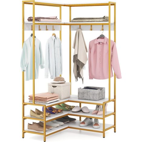 COSTWAY Stand Appendiabiti Angolare, Appendiabiti a Forma L con Ripiani Aperti 7 Ganci e Panca per Scarpe, Struttura in Metallo e Piedini Regolabili, 90x90x178 cm (Bianco) (1/5)