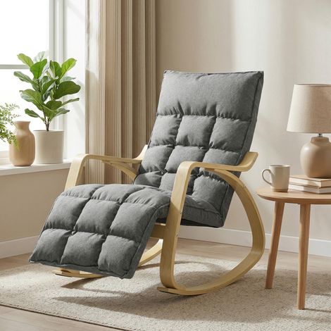 Fauteuil à bascule confortable avec repose-pieds réglable, dossier inclinable et assise généreusement rembourrée, coloris gris élégant (1/5)