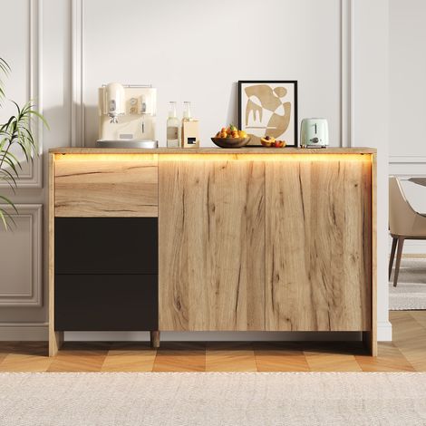 Credenza sideboard mobile contenitore con 3 cassetti e 2 ante, illuminazione LED multicolore per soggiorno e sala da pranzo 120x76x40 cm legno naturale e nero stile moderno
