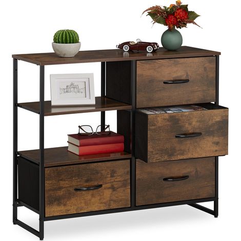 Relaxdays Chest of Drawers, 4 Drawers, H x W x D: 71.5 x 84 x 32.5 cm, Wardrobe, Dresser, Brown/Black (1/5)