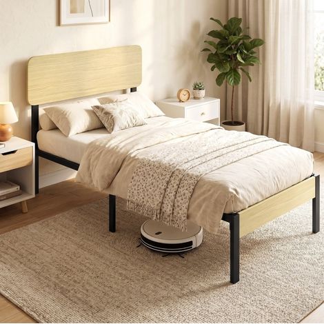 MEUBLIV Cama 90x200 cm color madera natural con cabecero y espacio bajo cama, sin colchón (1/5)
