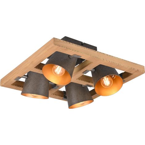BELL PLAFONIERA QUADRATA LEGNO NATURALE4 SPOTS ORIENTABILI DIFFUSORI METALLO ACCIAIO ANTICATO INTERNO ORO 39X39CM ATTACCO E14 (1/3)